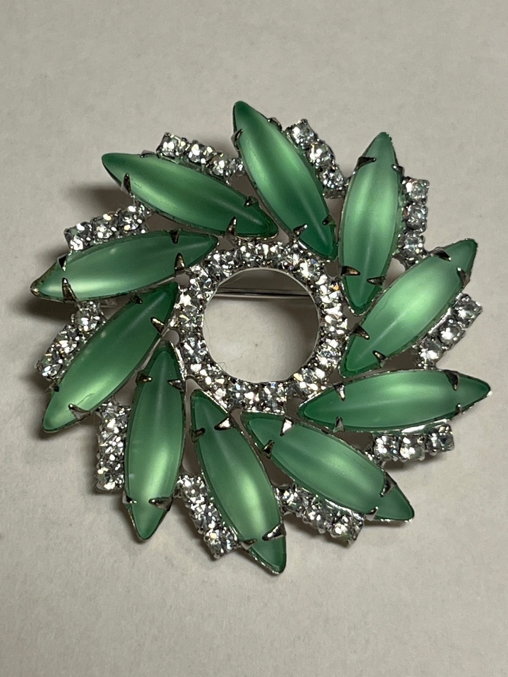 Mid-Century Vintage Brooch - Frosted Jade Glass and Rhinestone Wreath Sunburst